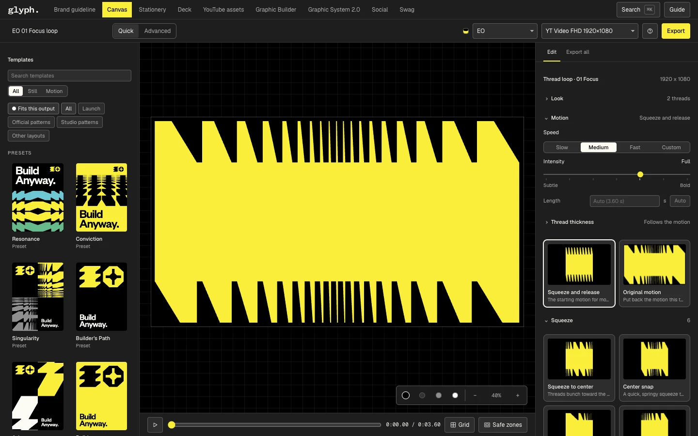 Actual Glyph Canvas Quick interface with curated patterns, speed controls, preview, and export
