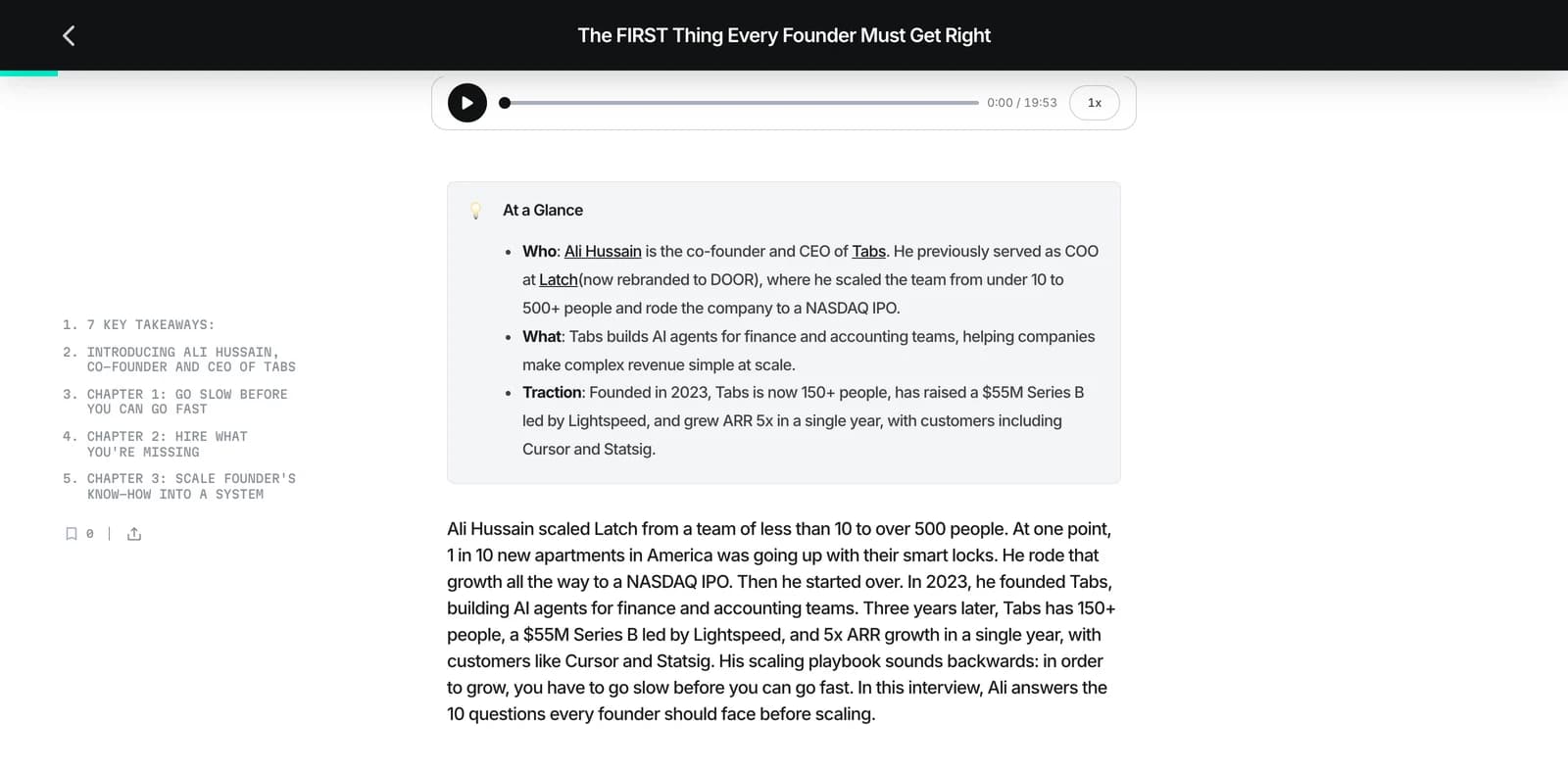 An article on eomag.io: sticky title bar with a reading-progress line, a numbered chapter rail on the left, and the body opening on a key-takeaways list