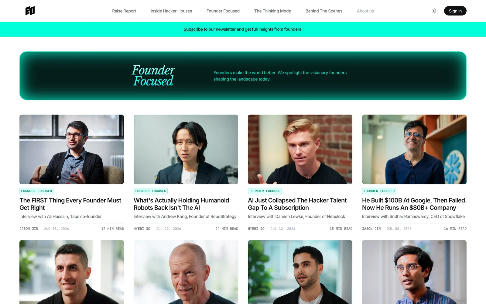 The Founder Focused category page: teal serif identity banner over the article grid