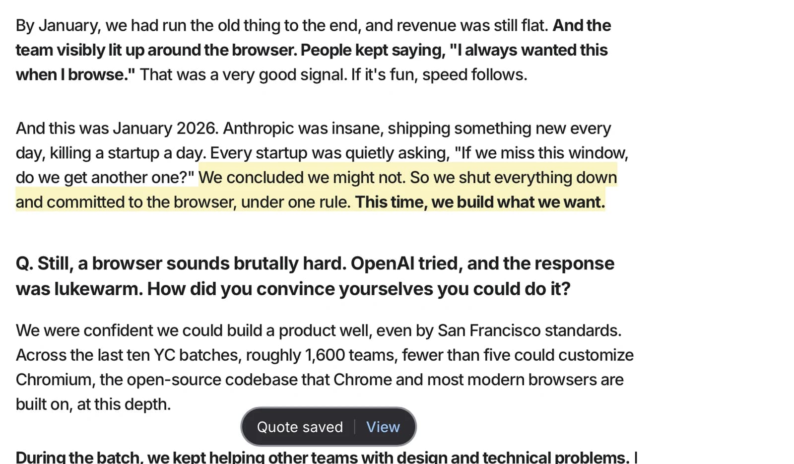 The saved sentence highlighted in the article body, with the Quote saved toast at the bottom