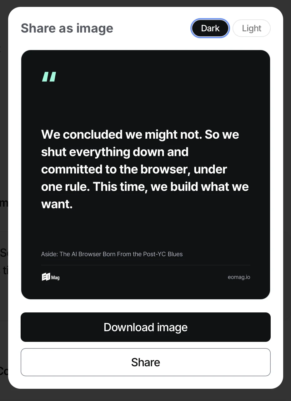 The Share as image modal rendering the quote as a dark card with the magazine mark