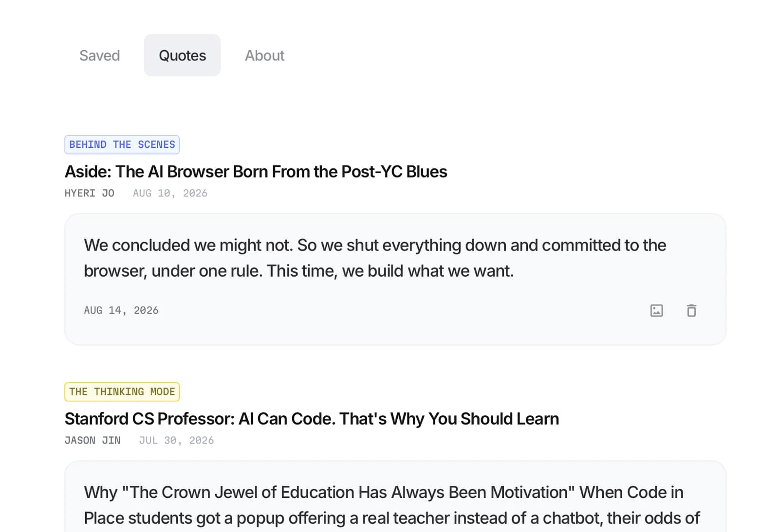 The Quotes tab in My Page, saved quotes collected as cards with their source articles
