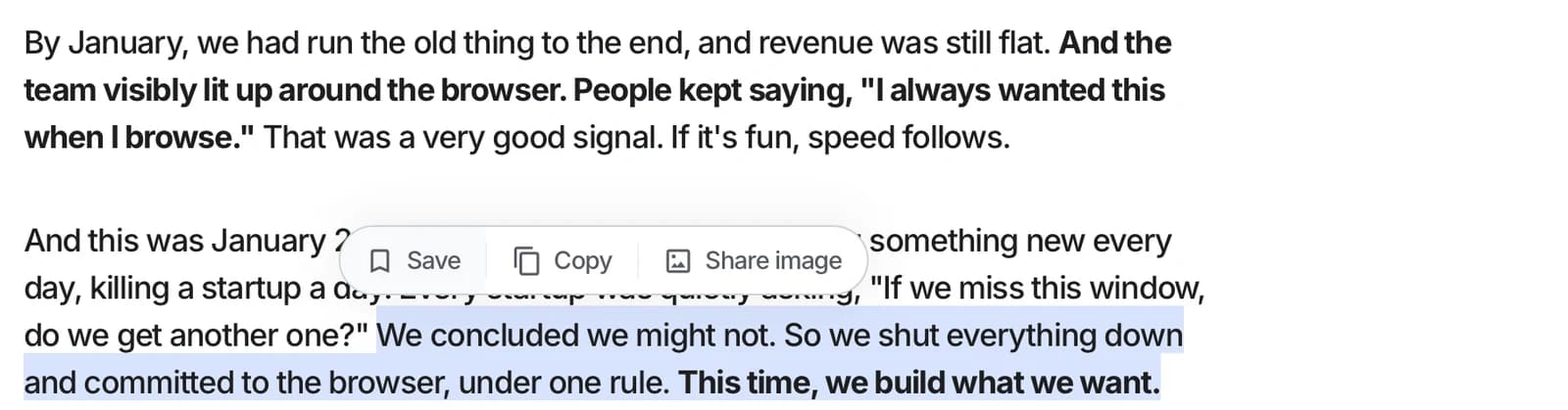 A selected sentence in a live article raising the floating toolbar: Save, Copy, Share image