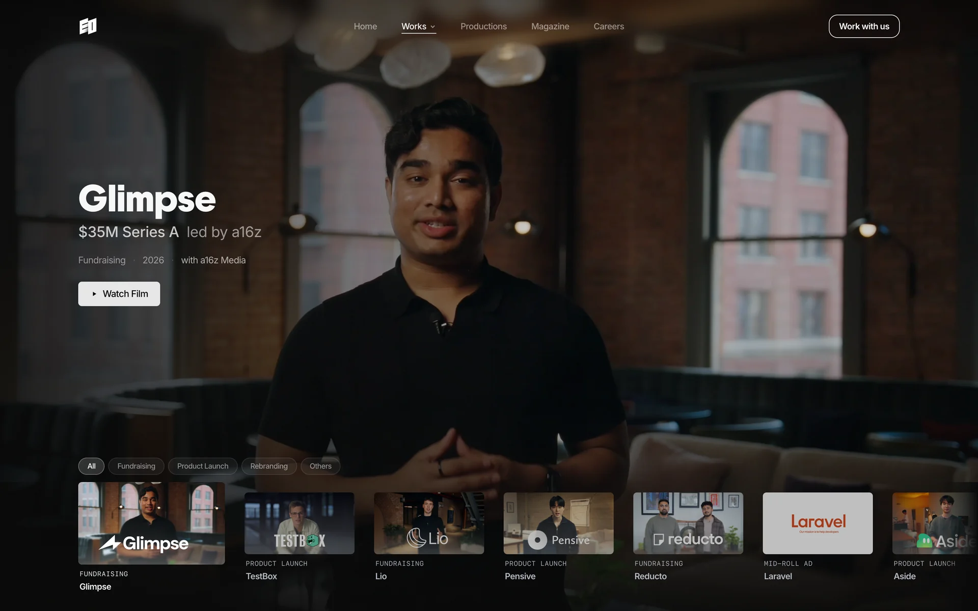 The EO Production works index with the full client roster: Glimpse, TestBox, Lio, Pensive, Reducto, Laravel and Aside