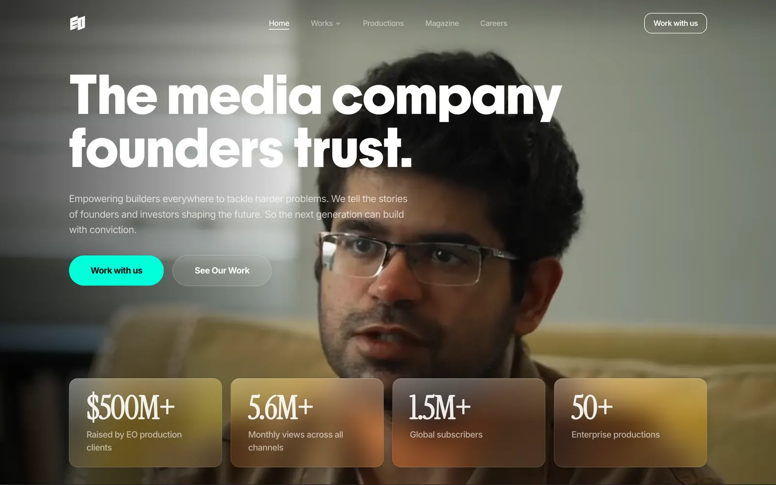 eo.team hero: 'The media company founders trust', with production metrics