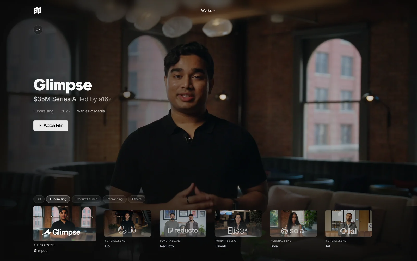 The same page with ?client=true: navigation stripped to the work alone, no call to action