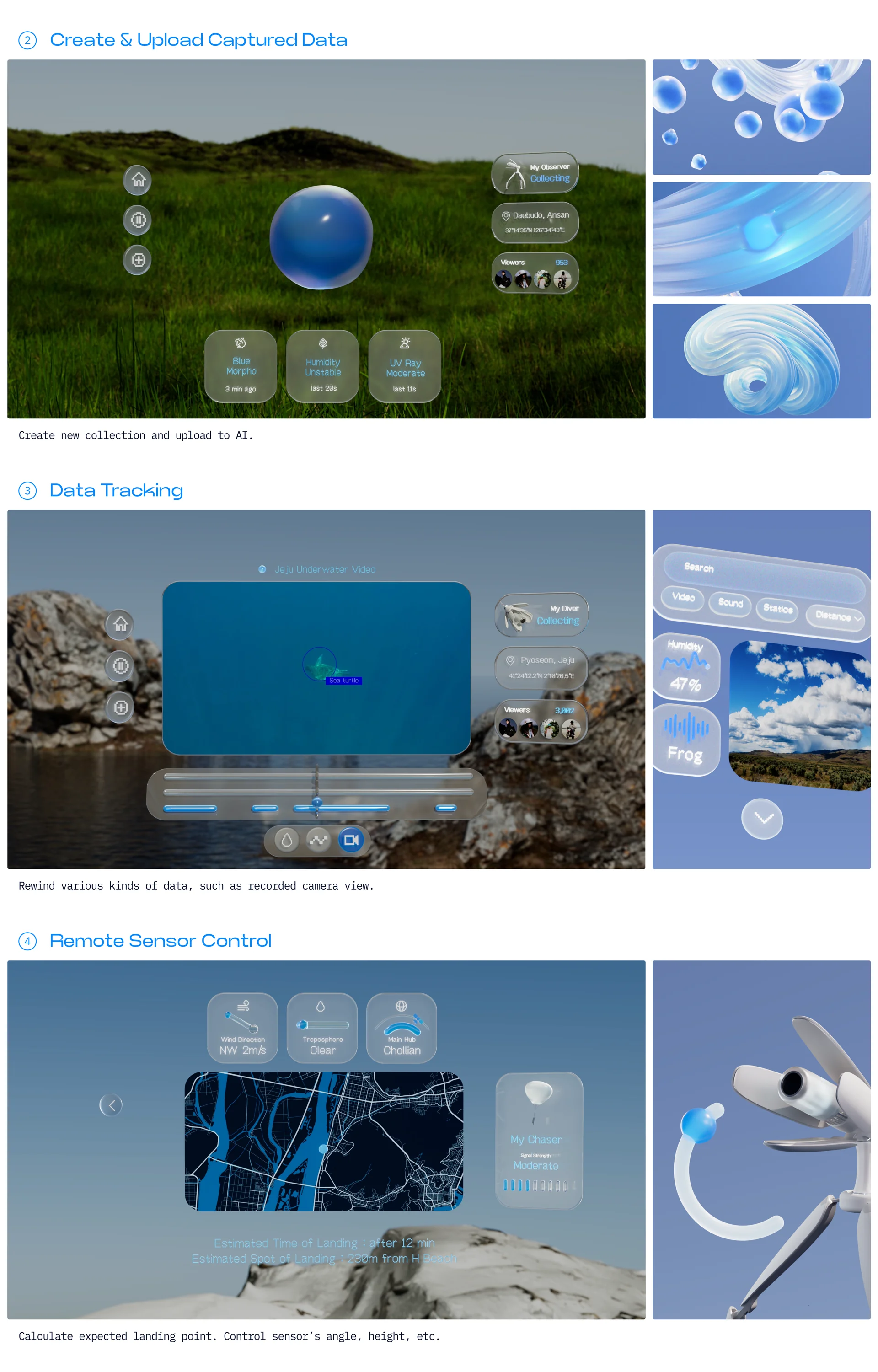 Pochak UI key functions board: create and upload, data tracking, remote sensor control