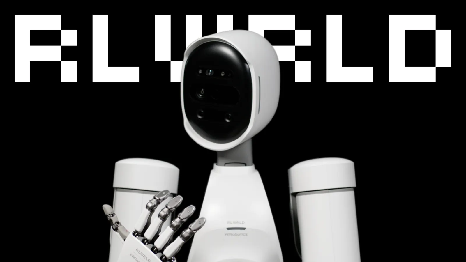 Redesigned RLWRLD thumbnail: white robot on black, 'Defining the future of physical AI'