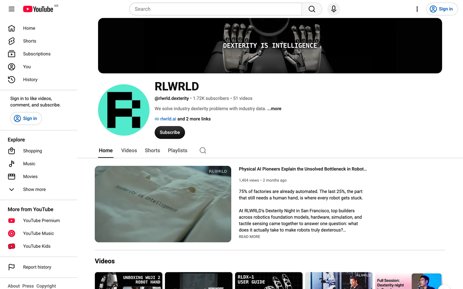 RLWRLD YouTube channel home after the redesign, above the fold