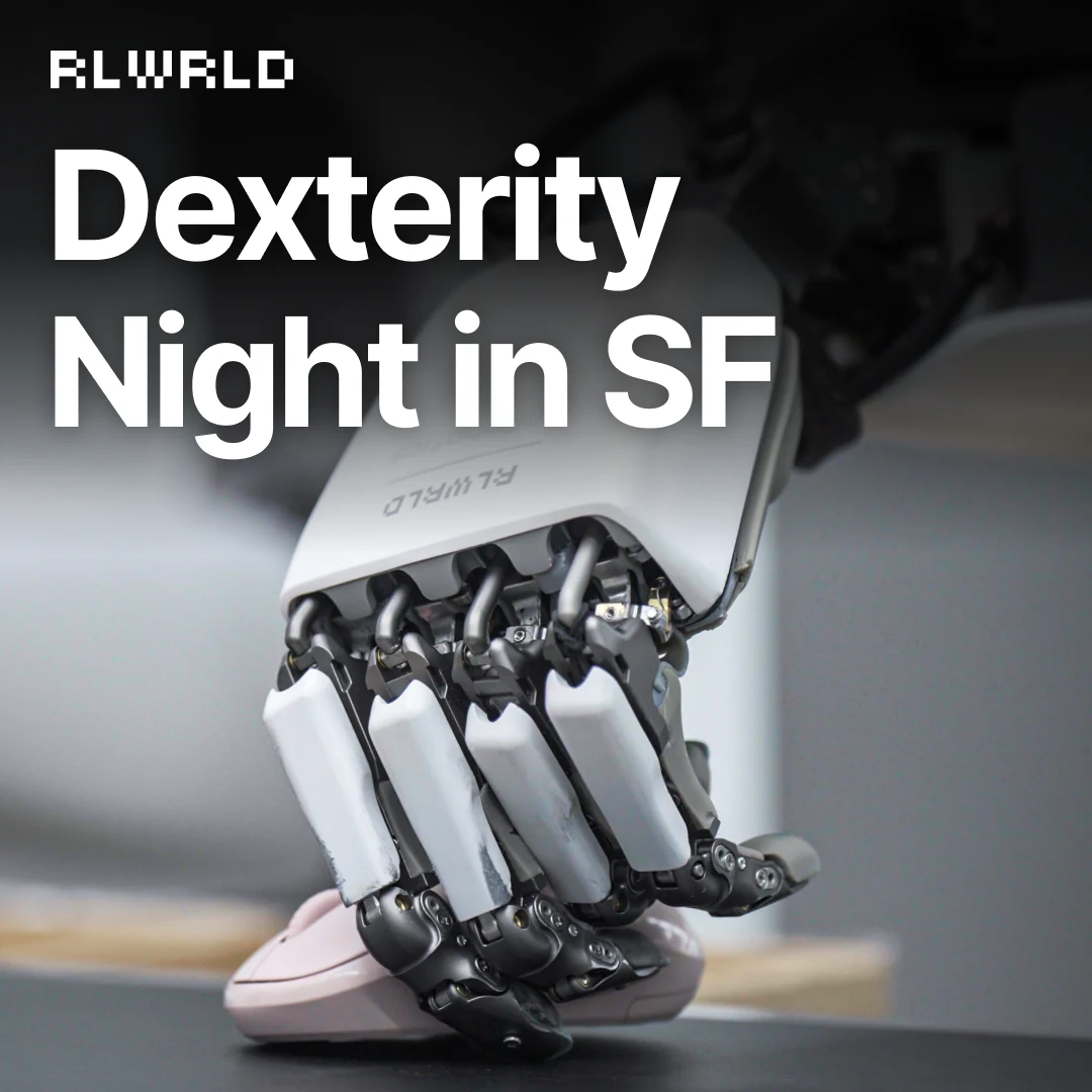 Dexterity Night in SF graphic: the robot hand resting on a mouse, headline type above