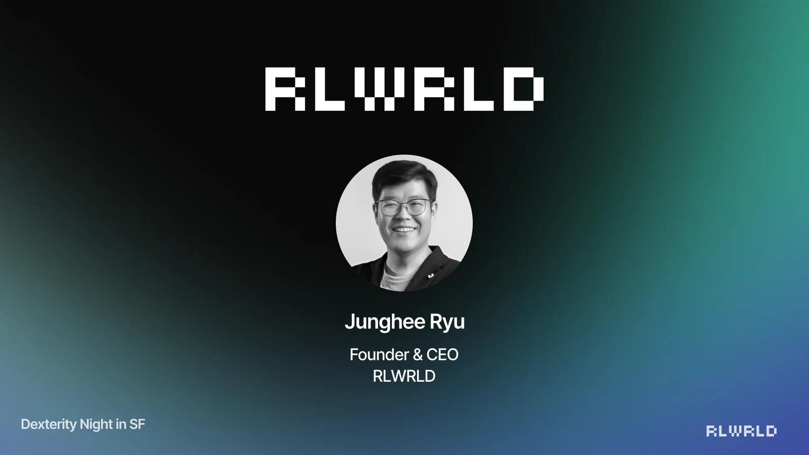 Venue screen: RLWRLD founder introduction over the night gradient