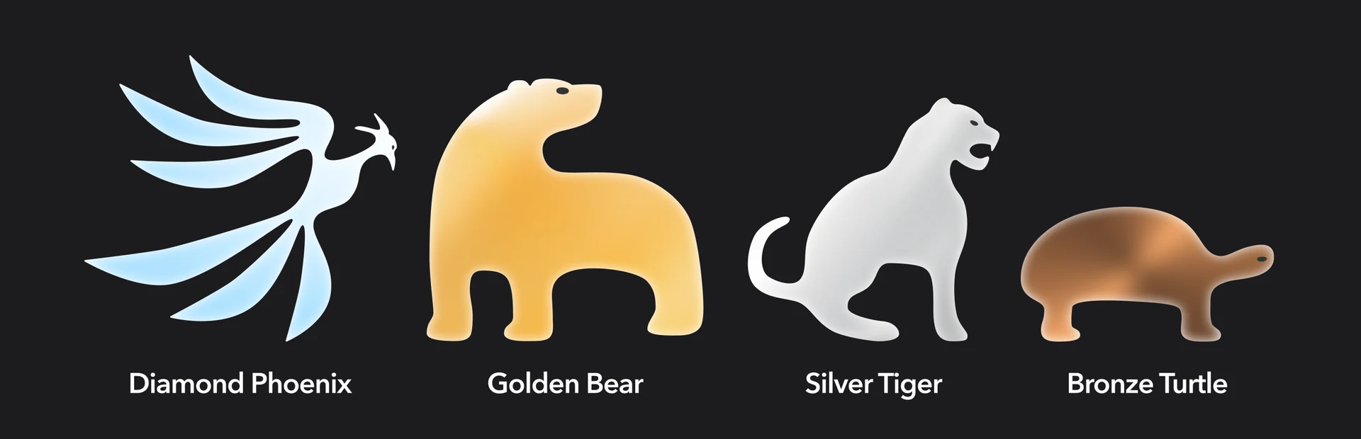 Four membership tier marks on black: Diamond Phoenix, Golden Bear, Silver Tiger, Bronze Turtle