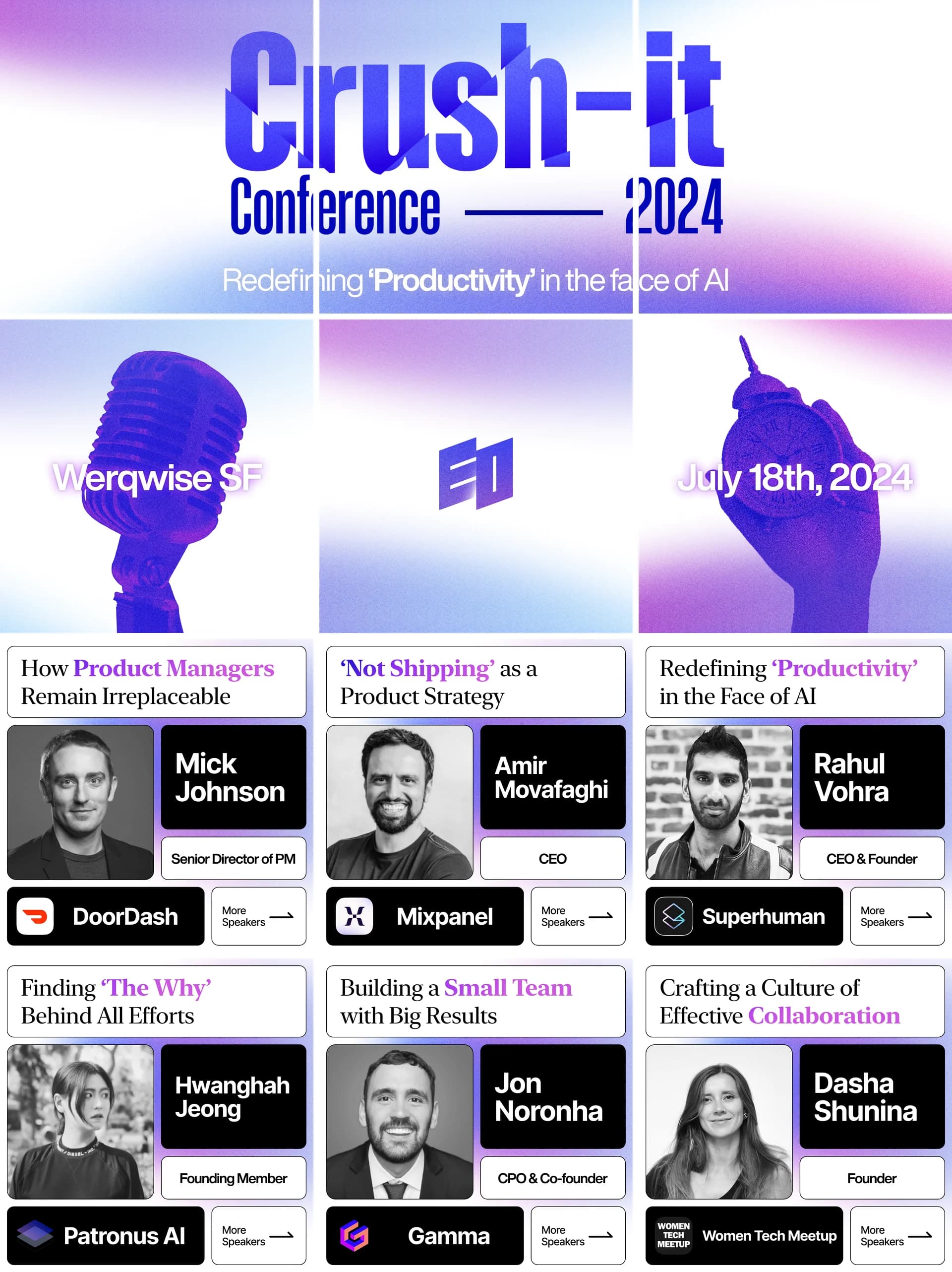 The Crush-it Conference Instagram profile: twelve tiles, the top rows forming one continuous title lockup, the rest speaker cards on a shared skeleton