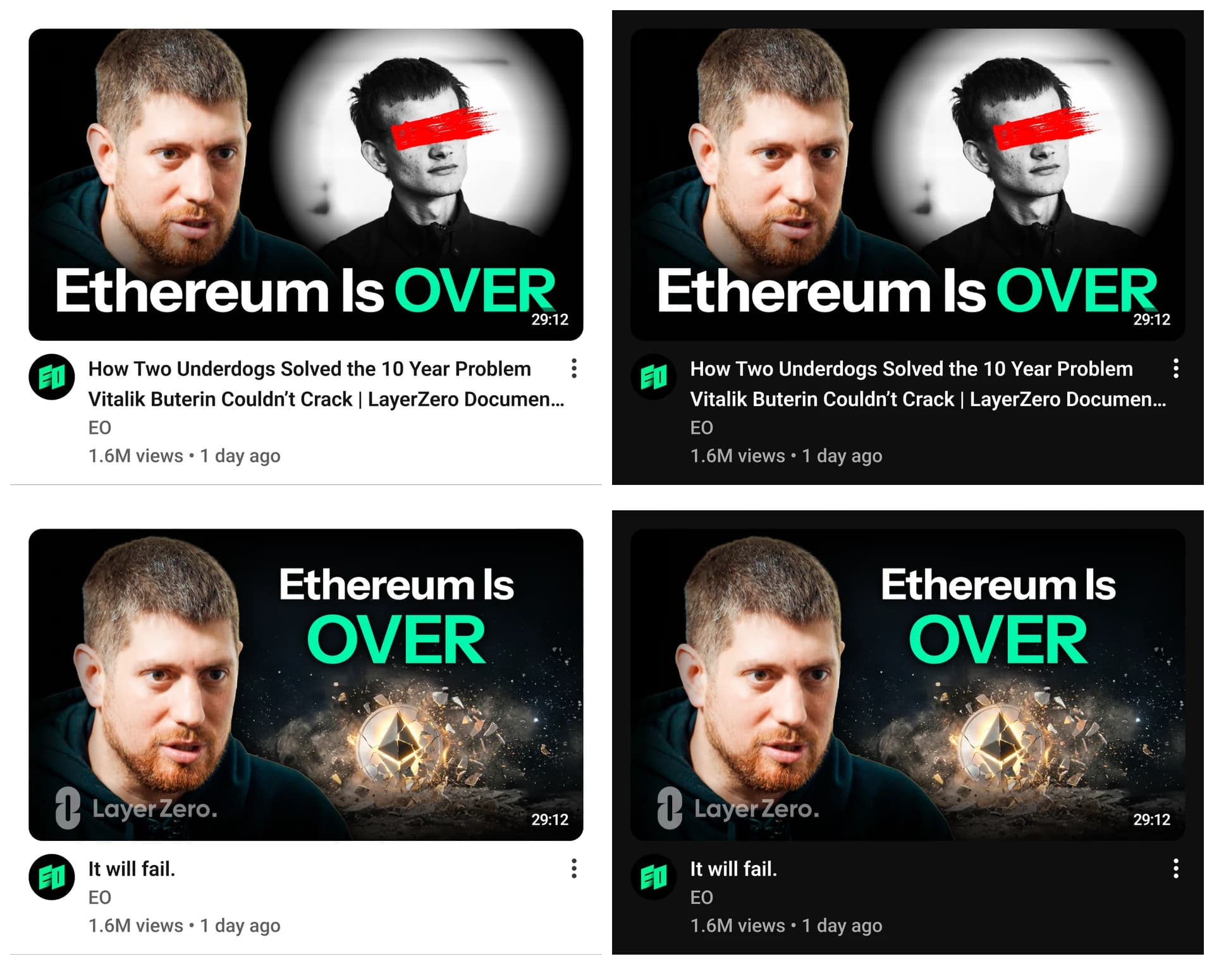 Two thumbnails shown inside a replica of the YouTube UI, each in light and dark appearance