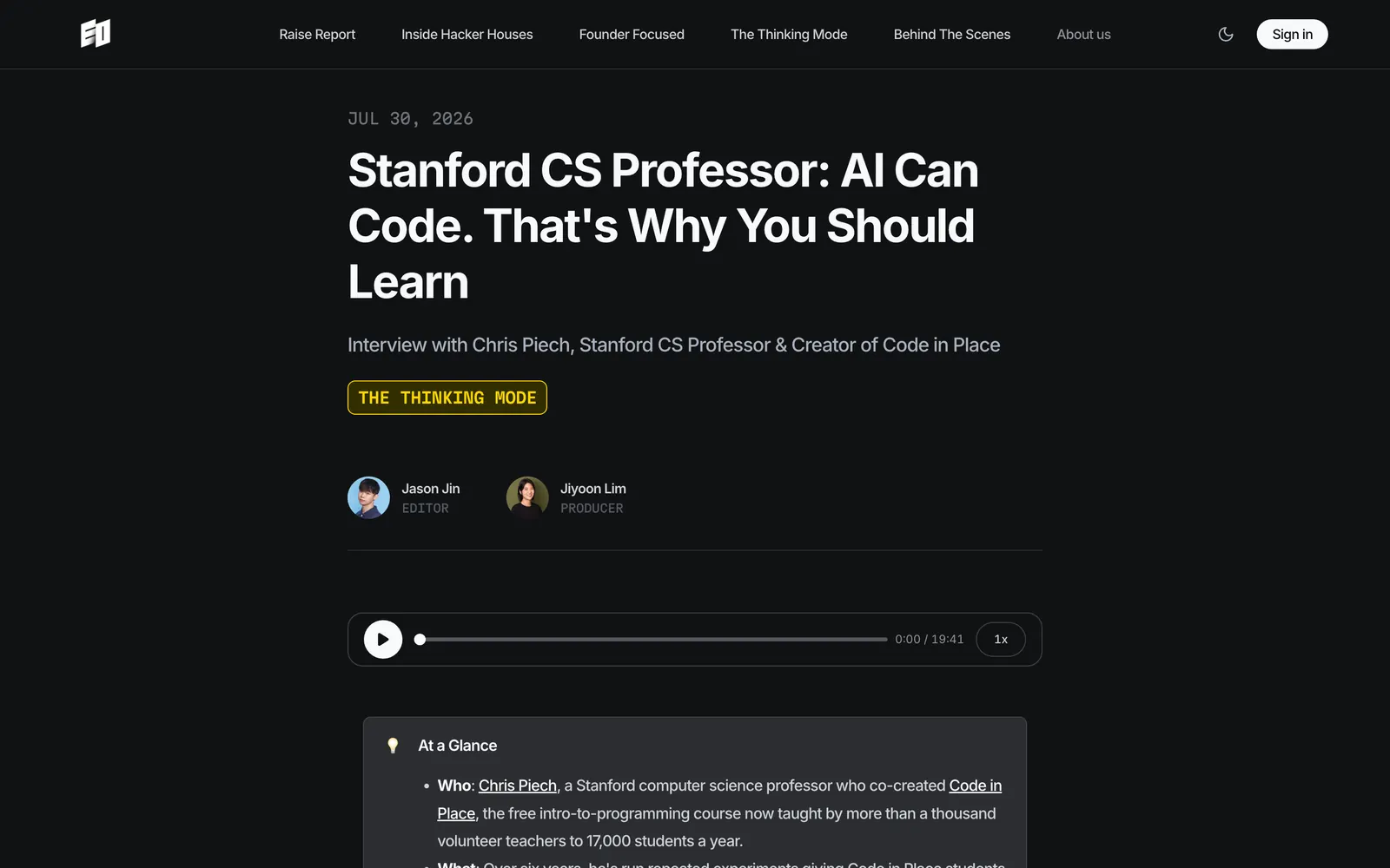 eomag.io article page in dark mode: Stanford CS professor interview